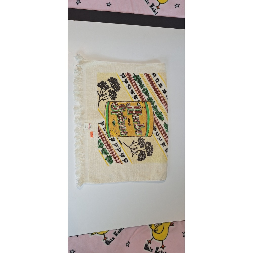 Vintage Herbs and Spices Kitchen Hand Towel Fringe Terry Cloth Made in USA Retro